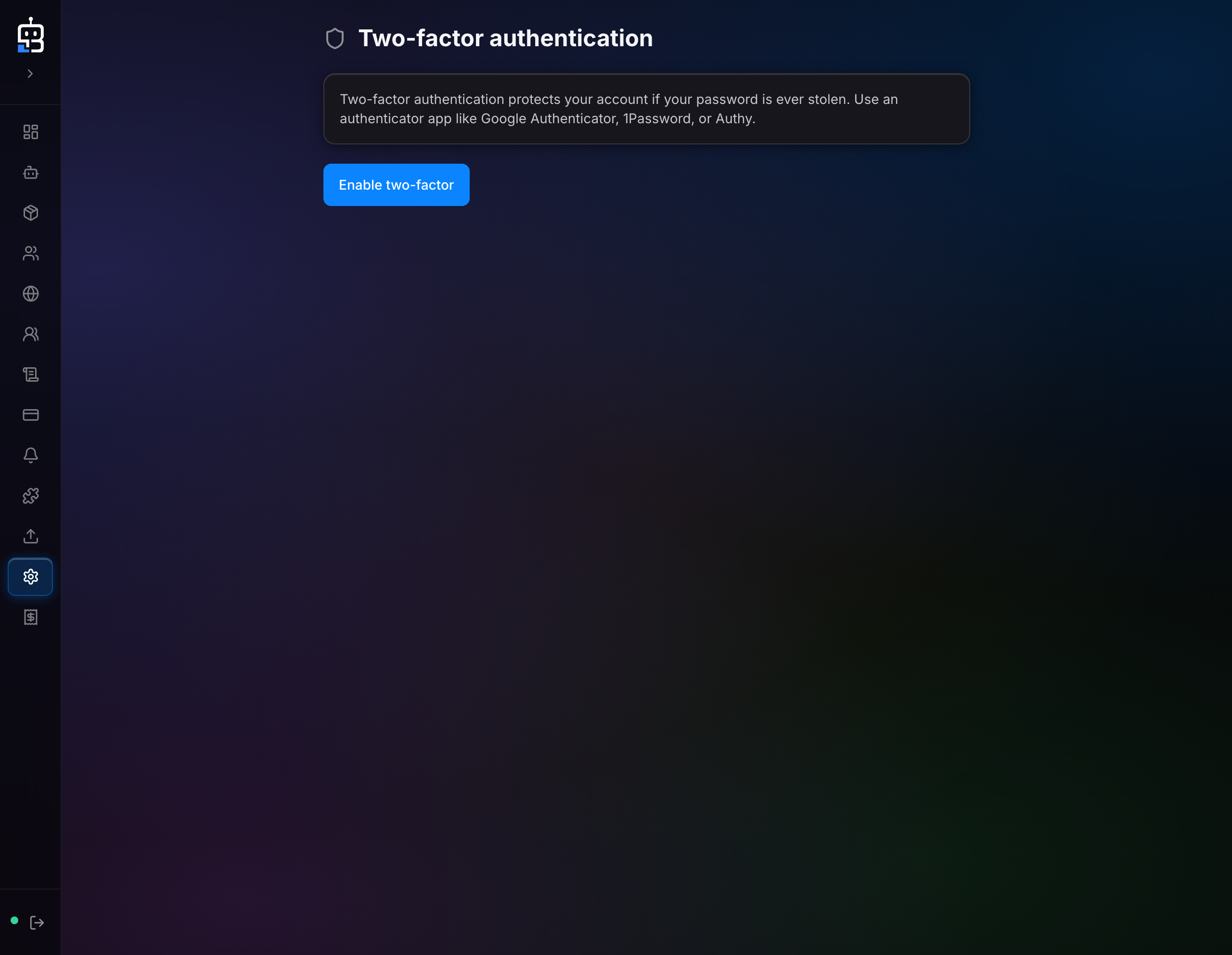 BOTBuild — Настройки двухфакторной аутентификации. Демонстрационные данные; навигация свёрнута.